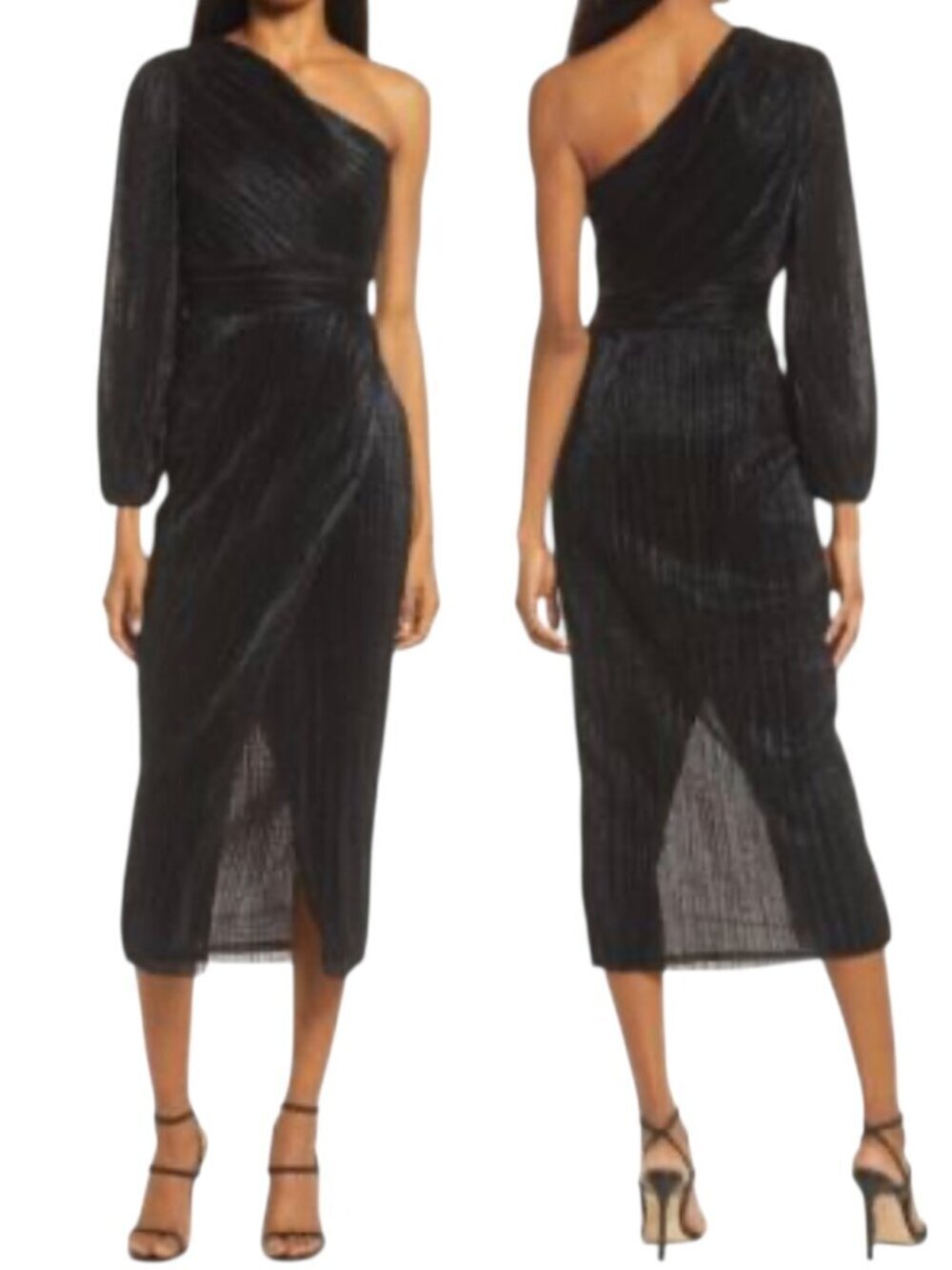 Saylor Alora One Shoulder Black Metallic Pleated Midi Dress S
